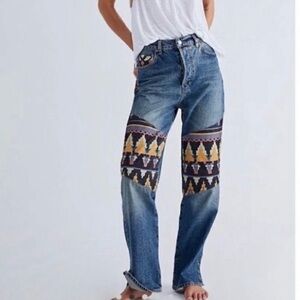 Free People Women's Blue Patterned Straight Leg Jeans